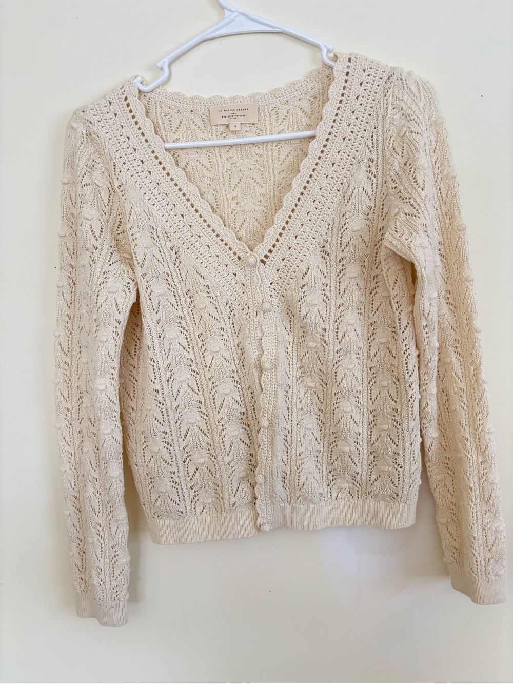 Sezane Lace-Pattern V-Neck Cardigan - Cream